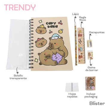 Venta por Mayor y Catalogo Set Cuaderno + Lapiz + Regla + Goma + Cartuchera + Sacapuntas Trendy