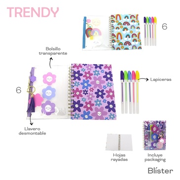 Venta por Mayor y Catalogo Set Cuaderno + Cartuchera + Biromes + LLavero Desmontable Trendy