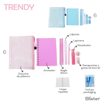 Set Cuaderno + Lapicera + Lapiz + Resaltador + regla + Sacapuntas + Goma Trendy