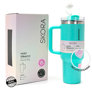Vaso Termico Con Bombilla y Tapon Nube 1200ml Incluye Stickers Skora