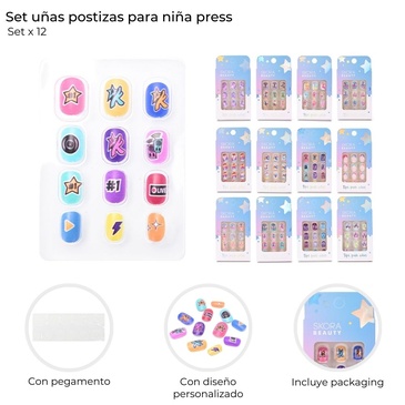 Set De Uñas Postizas Para Niñas Press x12 Uni. Skora