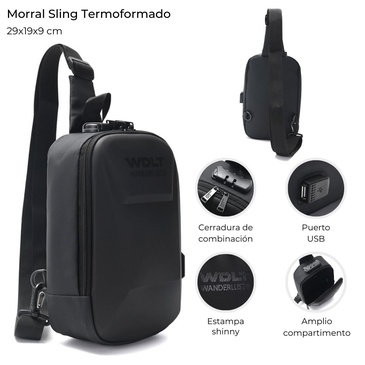 Morral Sling Termoformado.Tela Impermeable.Puerto USB Wanderlust
